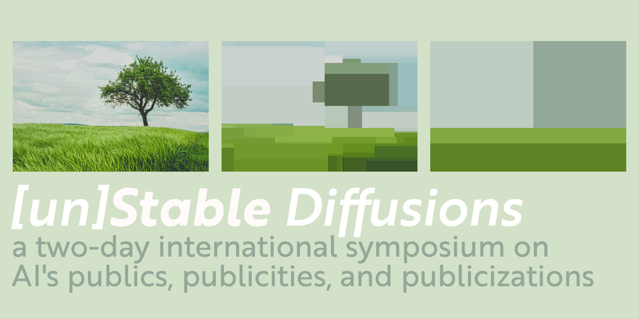 Conference poster for "Unstable diffusions" picturing layered renderings of a tree